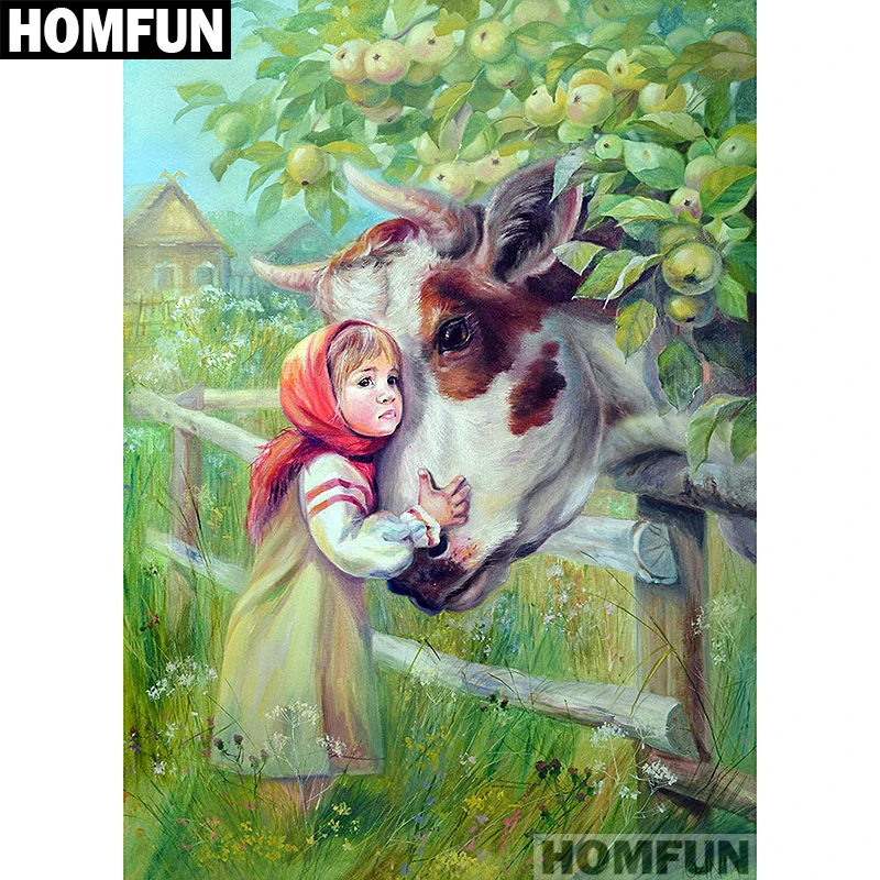 Алмазная живопись HOMFUN A01512 Девочка и Корова вышивка крестиком из