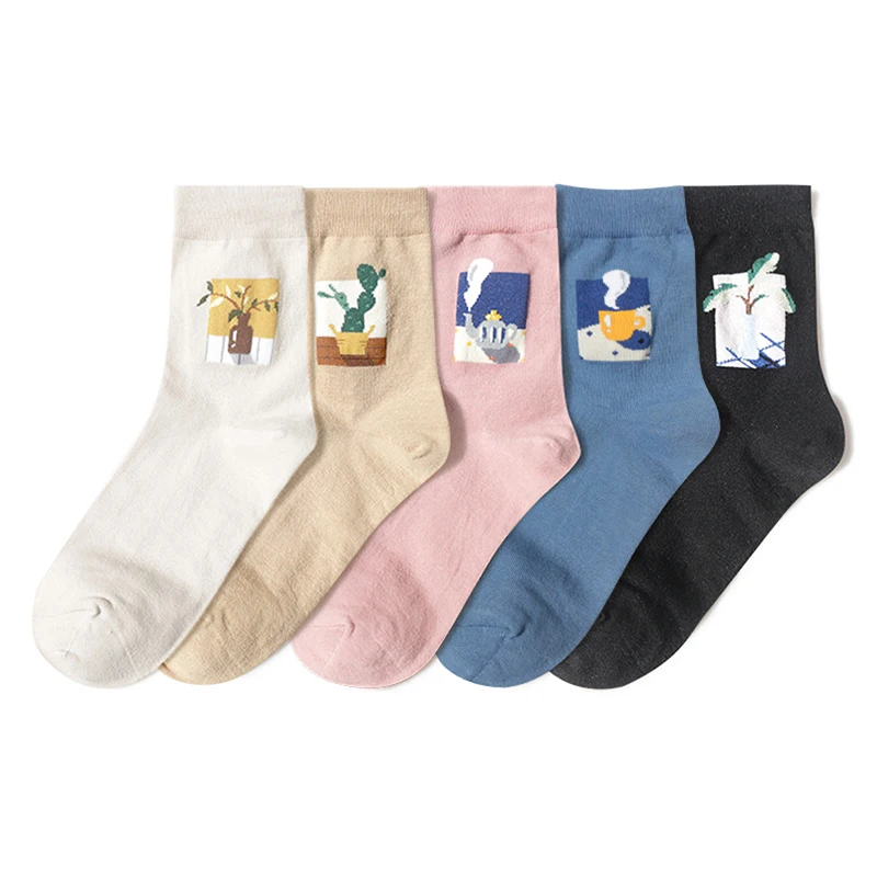 2018 New Women Fashion Personality Abstract Plant Series Literature Harajuku Landscape Illustration Simple Cotton Socks F242 | Женская