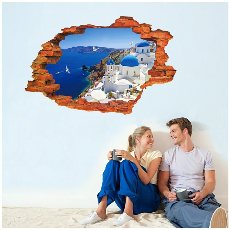 7 стилей 3D сломанная стена винтажный кирпичный Пейзаж Закат настенные наклейки