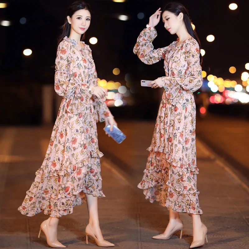 Женское винтажное шифоновое платье макси элегантное вечернее с цветочным
