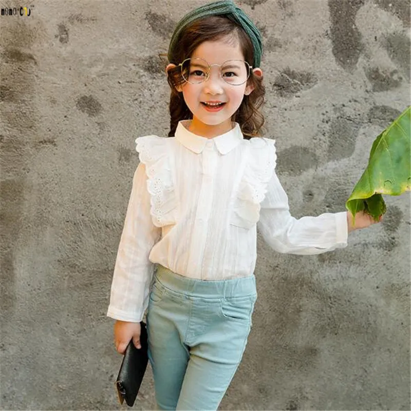 2018 г. осенняя одежда для девочек белая блузка повседневная Однотонная рубашка с