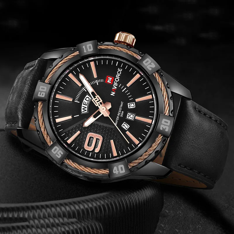 Black Gold L NAVIFORCE мужские часы с синим циферблатом из нержавеющей стали водонепроницаемые мужские часы Роскошные деловые аналоговые кварцевые мужские часы модные - Цвет: Black Gold L
