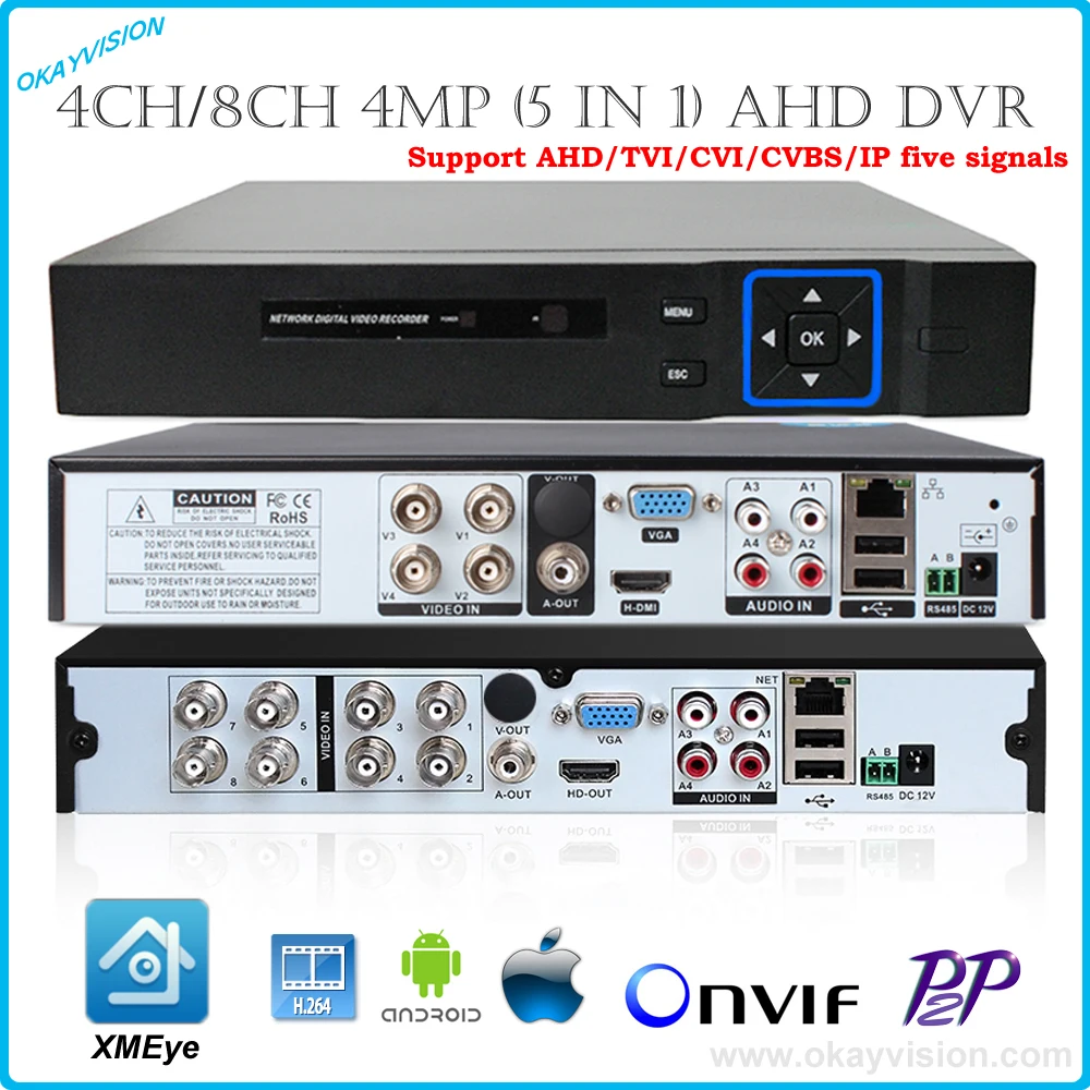 Okayvision Новые Super HD 4mp H.264 + Гибридный CCTV AHD TVI CVI CVBS xvr NVR для 3mp HD/ IP Камера xmeye P2P Onvif Smar