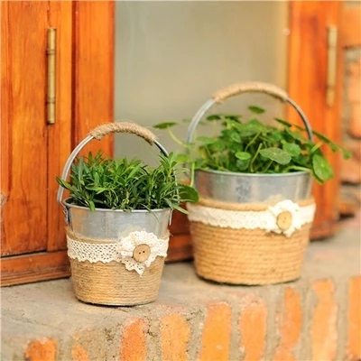3 шт. в деревенском стиле железный горшок с кружевом и веревки для дома сада ведро