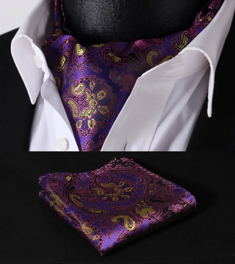 RF201P фиолетовый желтый Пейсли Цветочный Шелковый шейный платок тканый Ascot галстук