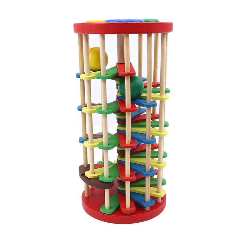 

Creative Intelligence Block Shape Pound and Roll Wooden Tower with Hammer Knock the Ball Rolling Off Ladder Baby Toys Best Gift