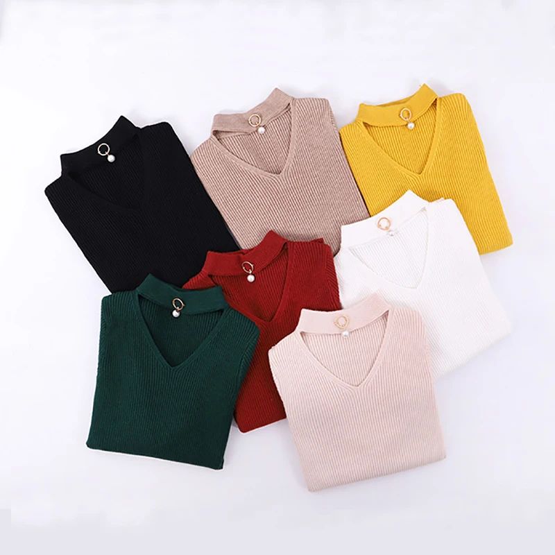 Sexy Halter V-Neck Bodycon Sweater 2018 Autumn Winter New Cute Solid Beading Slim Lady Pullovers Female Knitted Thick | Женская одежда