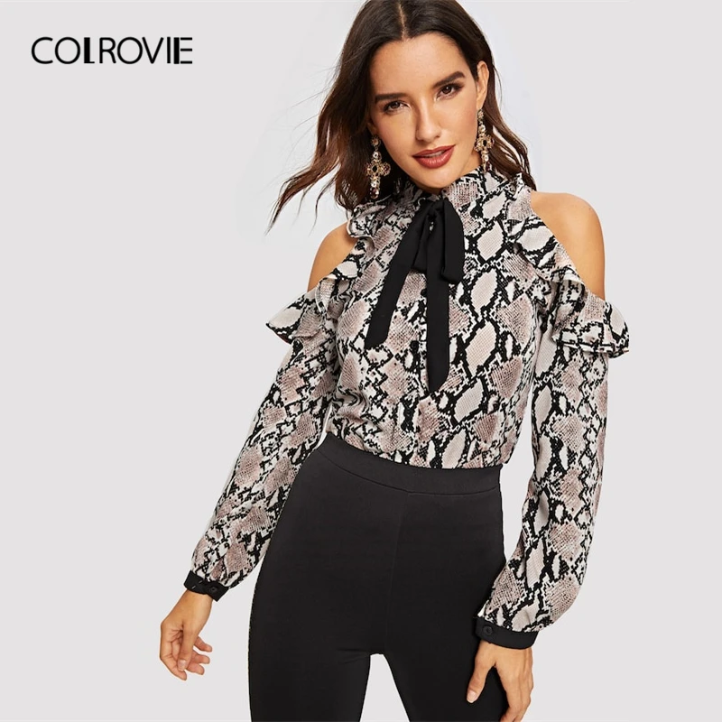 COLROVIE, блузка с завязками на шее и открытыми плечами, змеиная кожа, с принтом, женская, весна, Корейская, с длинным рукавом, элегантная рубашка, для офиса, женские топы