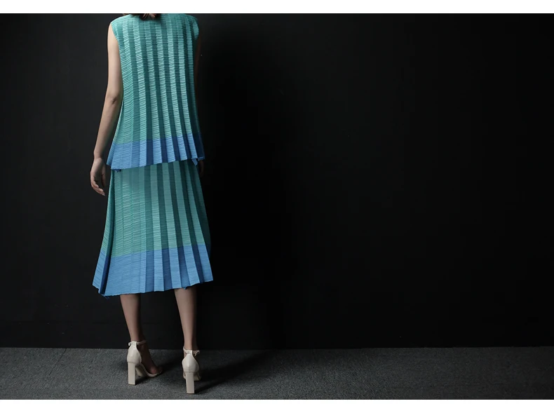 Miyake fold модные футболки с круглым вырезом+ цветные юбки из двух предметов