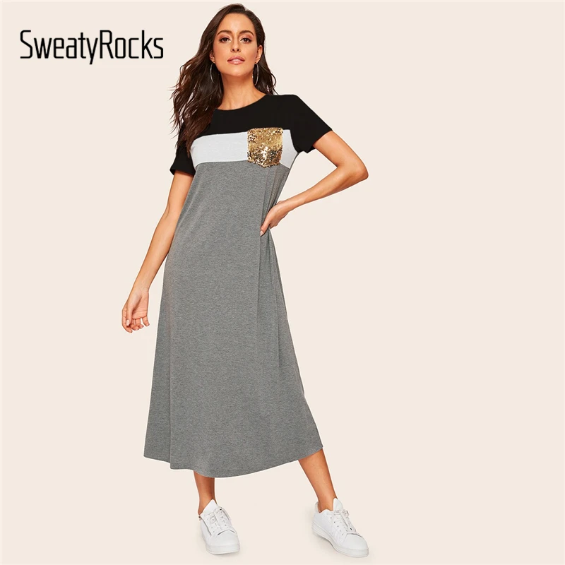 SweatyRocks, платье-футболка с карманами и блестками, женское стрейчевое платье с коротким рукавом,, летнее повседневное скромное длинное платье