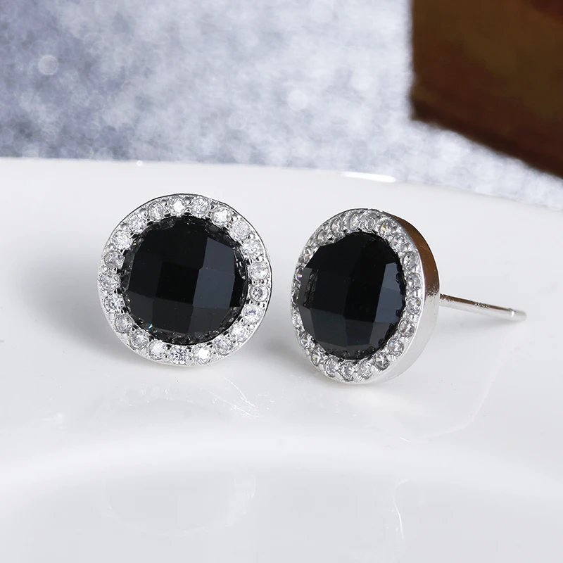 

High quality hot sell fashion round black crystal women 925 sterling silver ladies`stud earrings jewelry women promotion