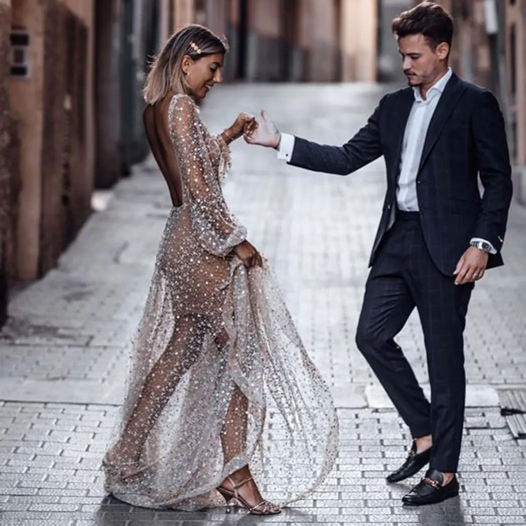 Женское модное платье с v образным вырезом и длинным рукавом просвечивающее