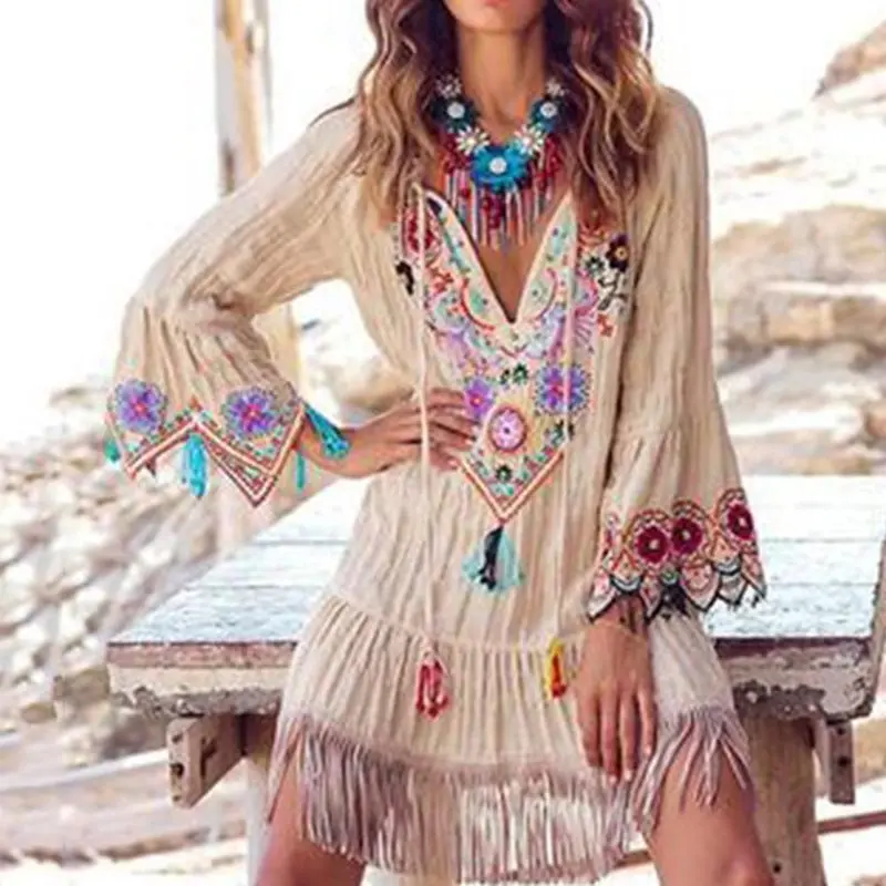 Женское платье с цветочной вышивкой Boho элегантное белое повседневное пляжное