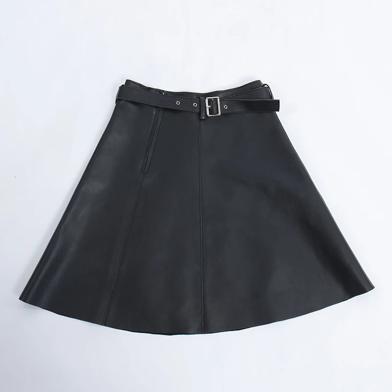 Юбка миди из овечьей кожи с высокой талией Черная Женская юбка трапеция