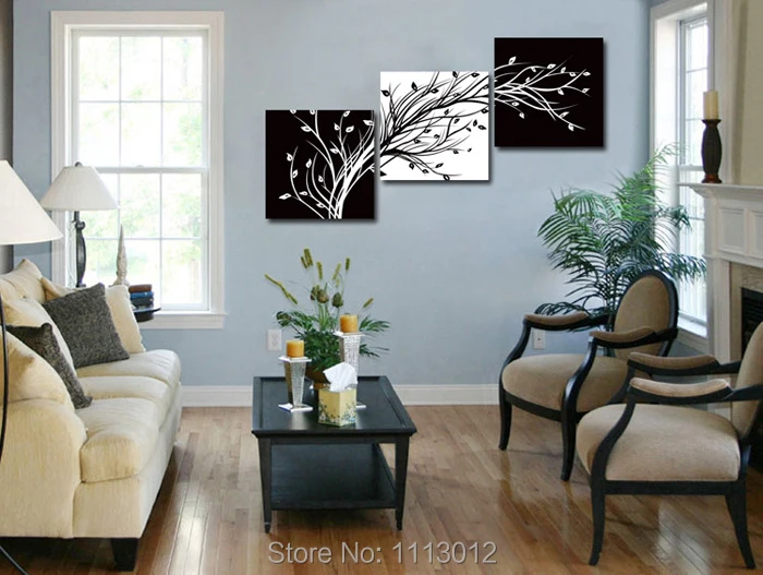 

100%High Quality 3pcs Set Black White Tree Flower Oil Painting On Canvas Home Wall Art Decoration Modern For Living Room Picture