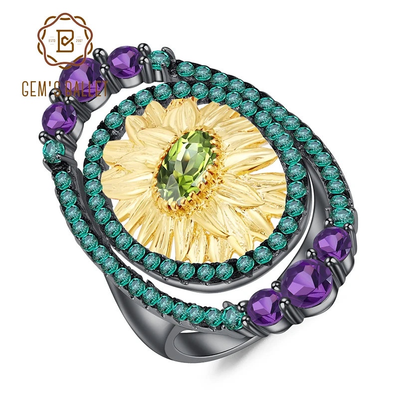 

GEM'S BALLET 0.86Ct Natural Peridot Sunflower Rings Real 925 Sterling Silver Handmade Finger Ring for Women Wedding Fine Jewelry