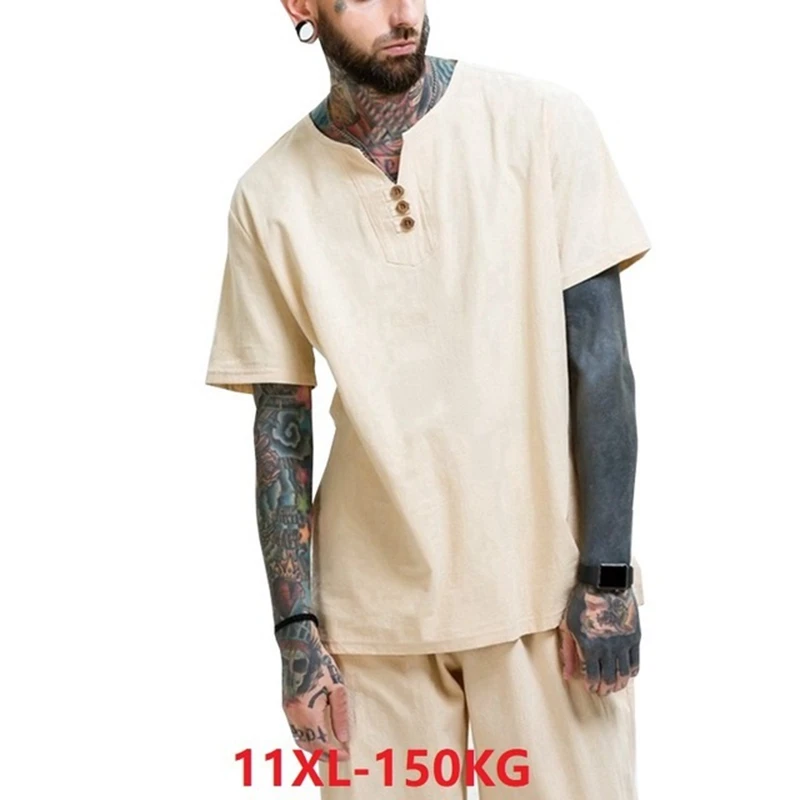 Летние мужские повседневные футболки с коротким рукавом и треугольным вырезом 9XL