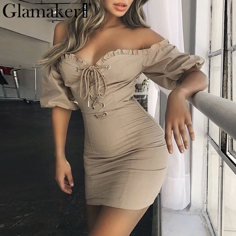 Женское Короткое платье Glamaker облегающее цвета хаки с открытыми плечами на