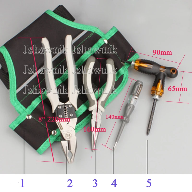5pcs /set household multifunction electrician tools include 8 inch pliers and waist bag