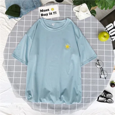 light blue Harajuku, летняя футболка с коротким рукавом, Женская Повседневная футболка с вышивкой, женские корейские милые винтажные хлопковые топы, футболки - Цвет: light blue