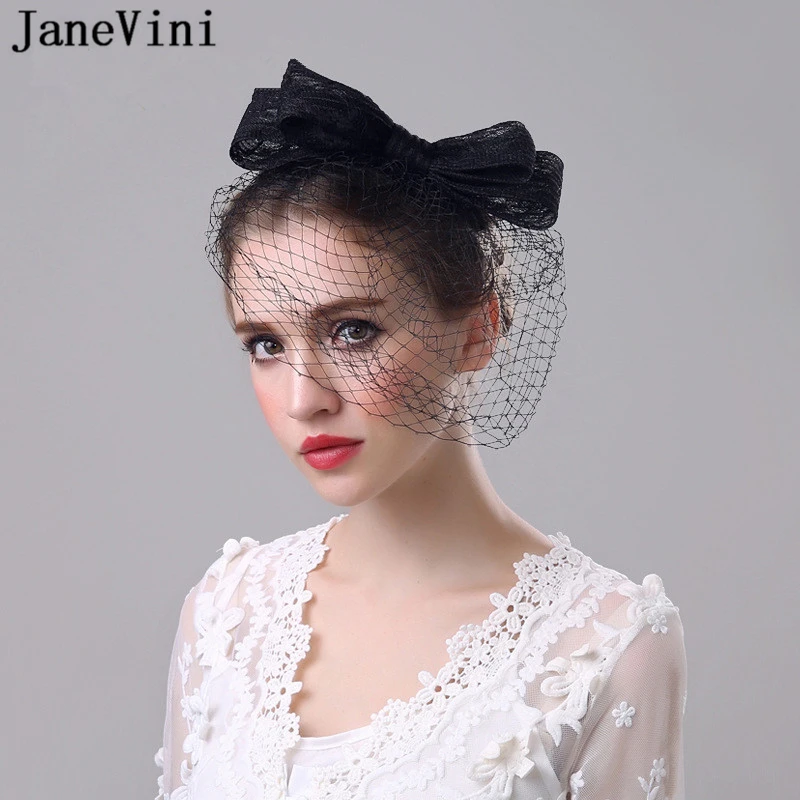 JaneVini, модная черная Свадебная шляпа с вуалью, вуаль, большой бант, свадебные головные уборы для невесты, Фата для лица, женские свадебные шапки, аксессуары