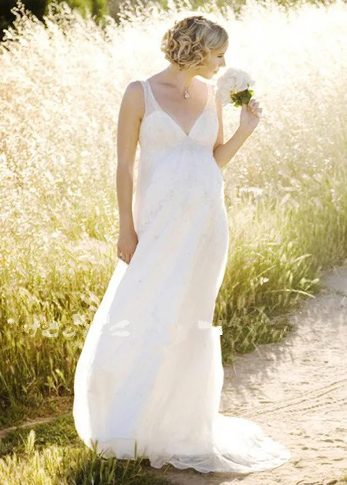 2016 В Шеи Материнства Свадебные Платья Империя Спинки Плюс Размер Пляж Лето На