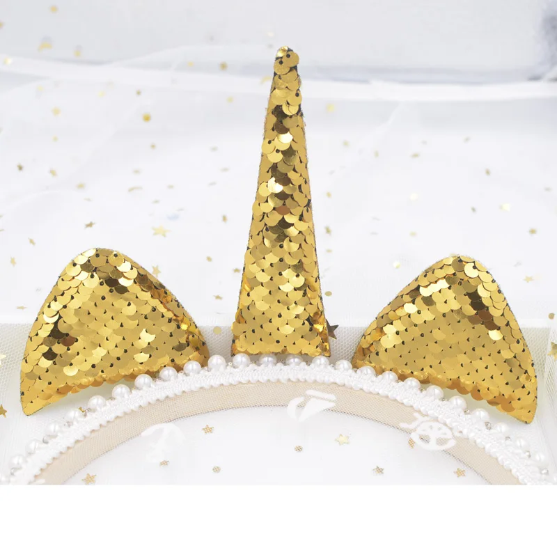 Gold 2 комплекта, блестящие накладки, проложенные пайетками, милый единорог, рожок и уши, Аппликации для DIY, повязка на голову для волос, детский праздничный декор, косплей, F78 - Цвет: Gold