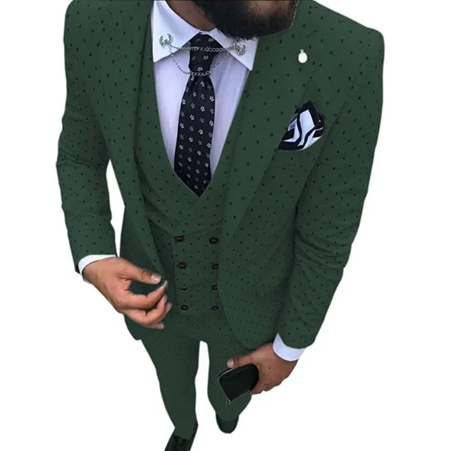 dark green Мужской Poika dot костюм 3-Pieces новейшее пальто брюки дизайн Нотч лацкан смокинги друзей жениха для свадьбы Вечерние(Блейзер+ жилет+ брюки - Цвет: dark green
