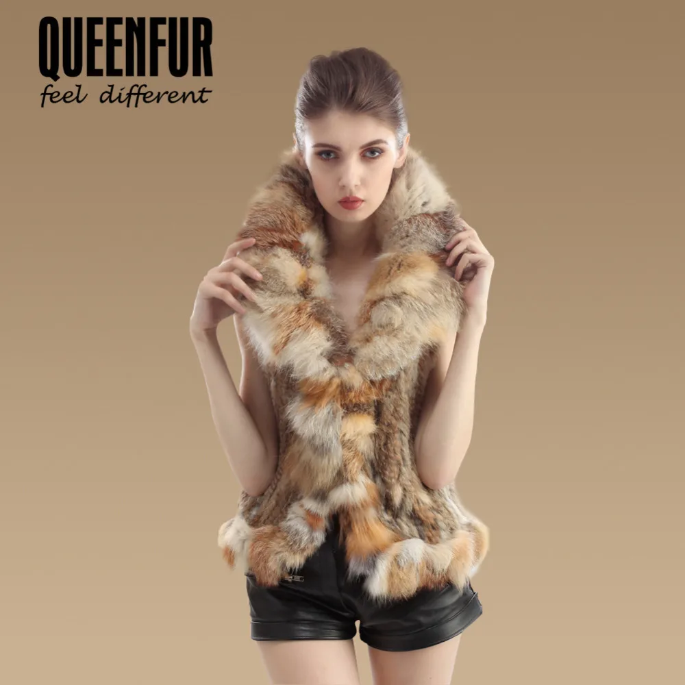 Королева Мех животных Новые Модные Натуральная кролик жилет с лисой воротник