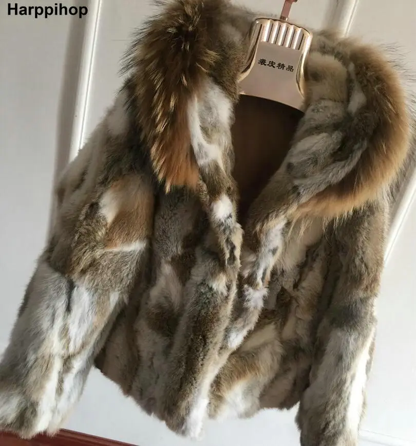 Genuine Rabbit Fur Coat with big hat natural rabbit fur jacket Women short Rabbit Fur coat with raccoon Free Shipping