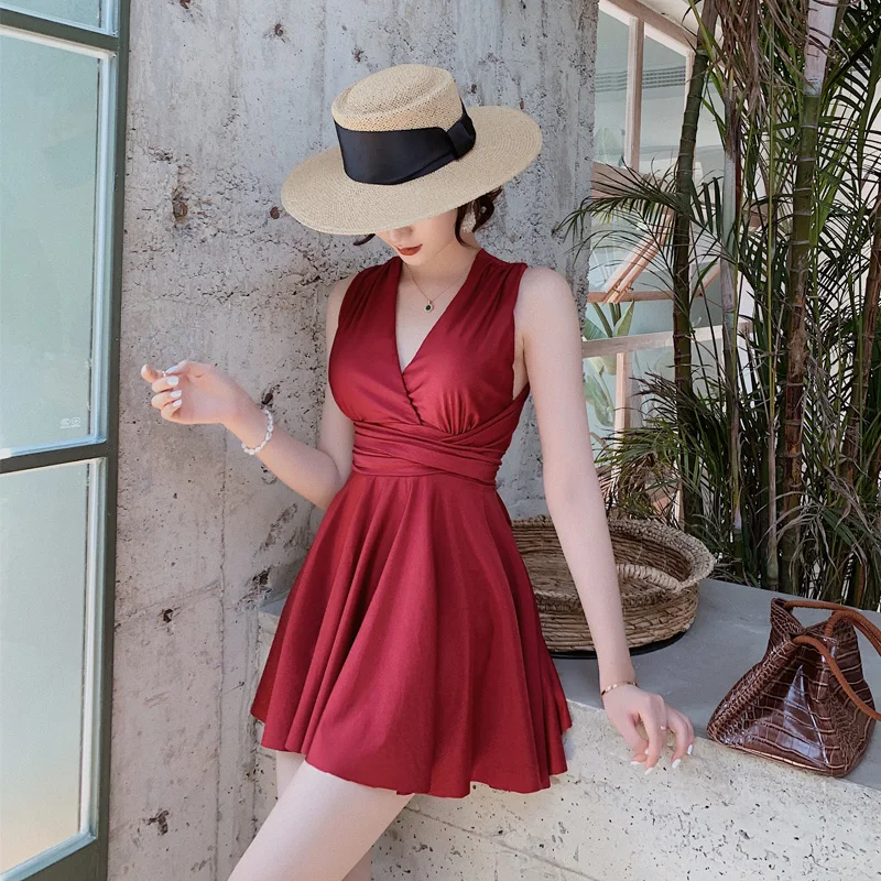 Summer Sexy V-neck skirt One-piece Swimsuit 2019 New Arrival Slim Back cross Swimwear Beach Women Bathing Suits | Спорт и
