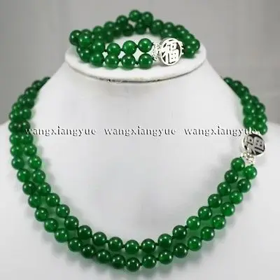 

Hot selling> 2Rows 8mm Green Natural stone Jewelry Necklace Bracelet Set AAA GP Bridal wide watch wings queen JEWE (A0 -Br
