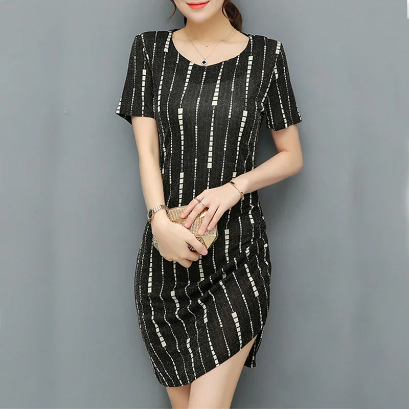 Летний новый женщины slim fit с коротким рукавом полосатый пр асимметричный хем sheath