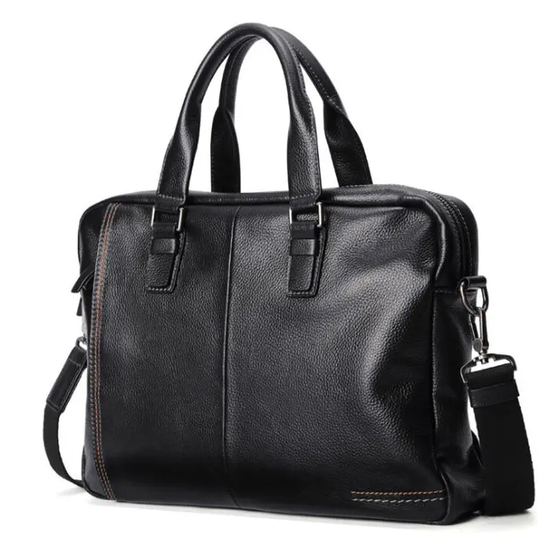 2019 New 100% Natural Genuine Leather Men's Briefcase Fashion Large Capacity Business Handbags  Black Male Shoulder Laptop Bags