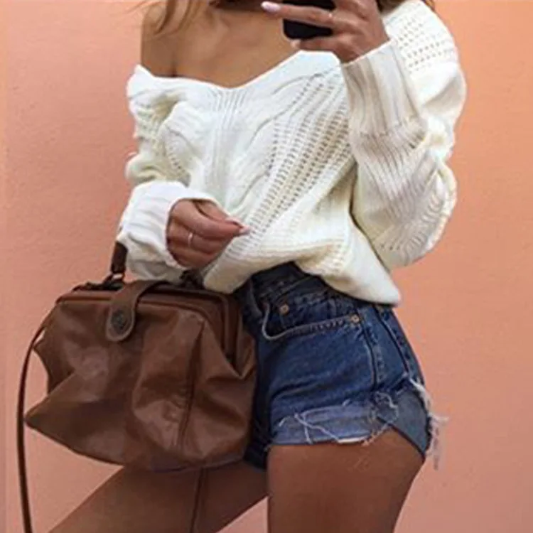 Danjeaner S-5XL размера плюс сексуальные вязаные свитера с глубоким v-образным вырезом Женские однотонные пуловеры с открытыми плечами осенне-зимний теплый топ
