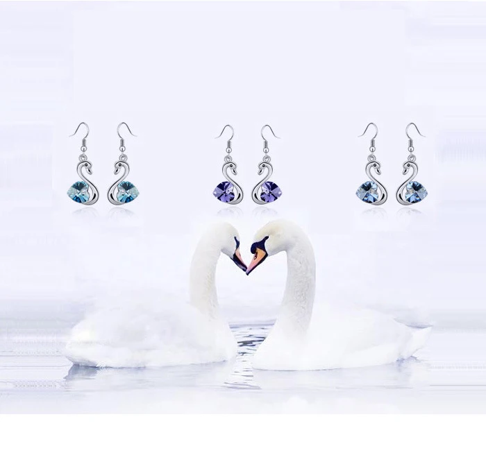 Модные серьги в форме сердца с маленькими лебедями и кристаллами женские