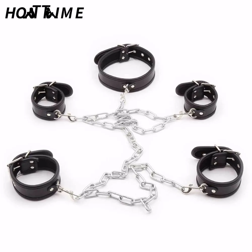 2019 Новый набор для связывания кожаных наручников SM с ошейником для щиколотки с 1-метровой цепью BDSM пара взрослый секс заклепка тело пытки фетиш косплей HOTTIME.