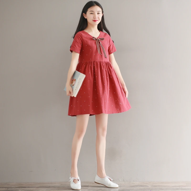 Мини платье женское в горошек милое элегантное короткое хлопково льняное желтое