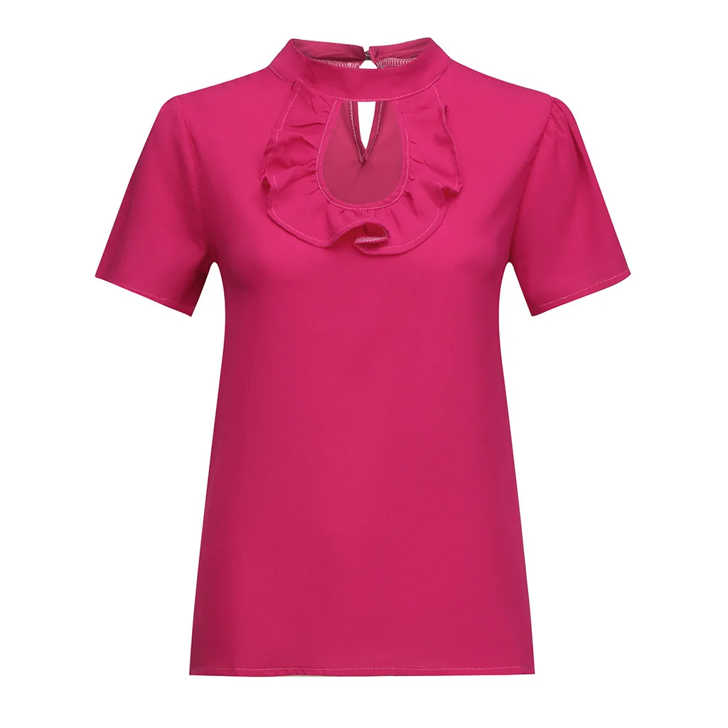 Hot Pink Модная женская блузка с коротким рукавом и круглым вырезом, повседневные рубашки Блузы, Женские топы и блузы mujer de moda, новинка - Цвет: Hot Pink