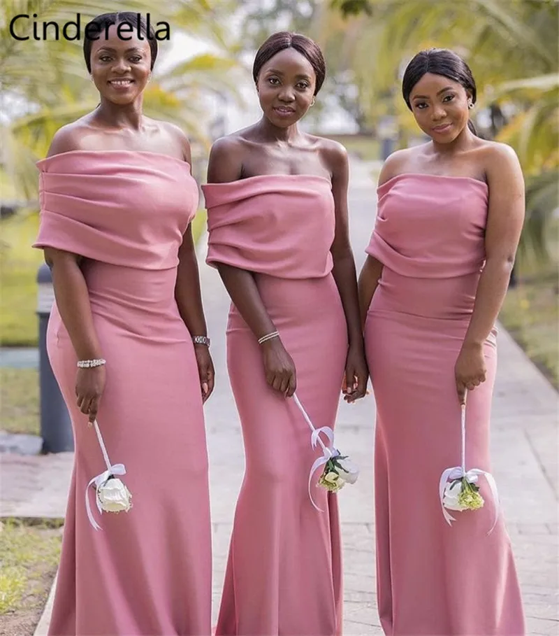 

Cinderella African Pink Strapless Off The Shoulder Satin Pleated Mermaid Bridesmaid Dresses Zipper Back Wedding Bridesmaid Dress
