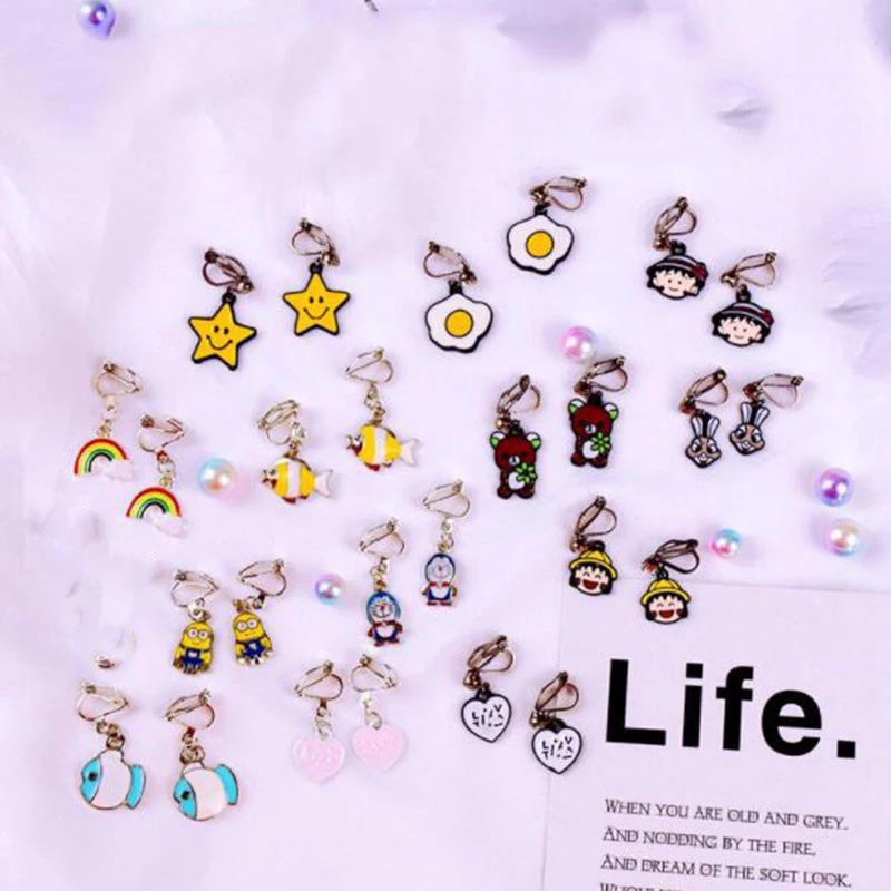 Серьги клипсы в корейском стиле стразы с мультяшным сердцем котом симпатичные