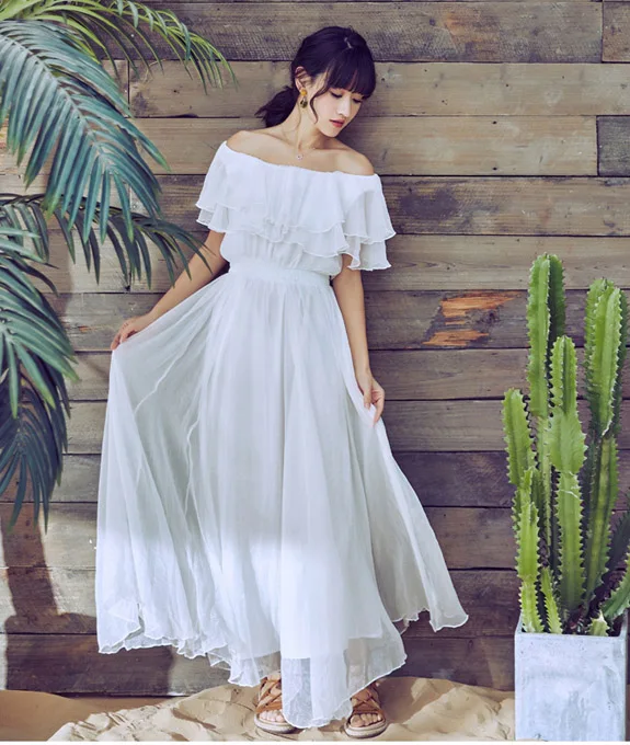 Пикантное однотонное платье Макси Tingfly с вырезом лодочкой и оборками в стиле бохо