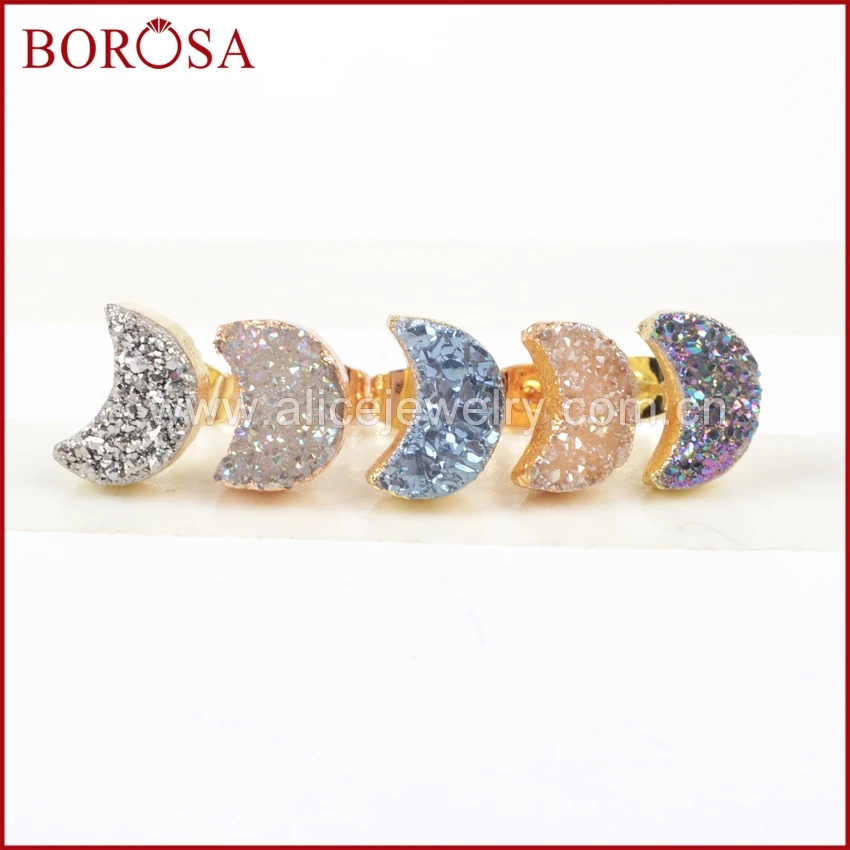 BOROSA 5 пар Новых Дизайн золото Цвет Луна Природный кристалл Druzy Титан смесь цветов Drusy серьги стержня для Для женщин девочек G0913