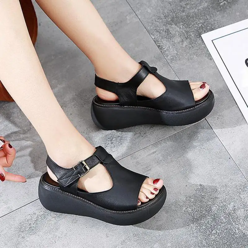 Женские кожаные босоножки Туфли на танкетке летние женские высоком каблуке 5 см