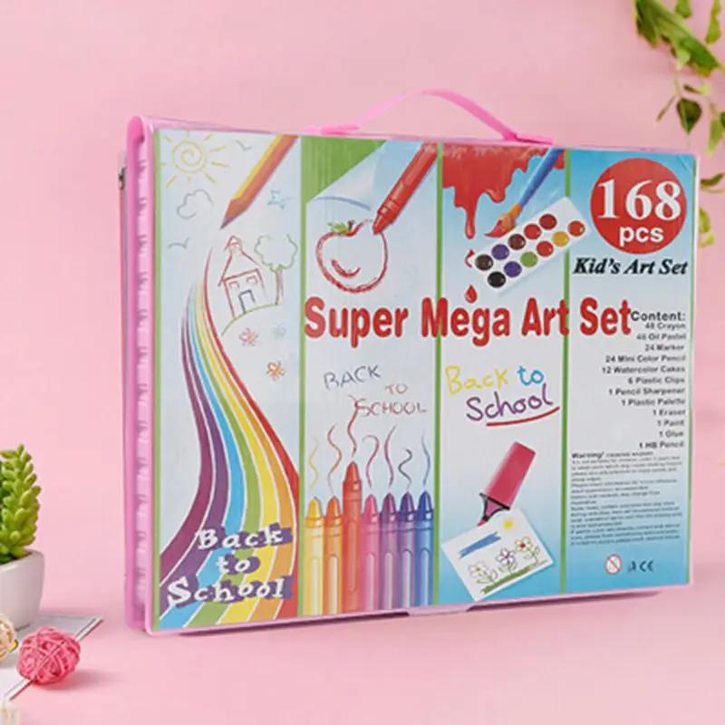 Pink DINGYI 168 шт. Детский подарок деревянный Цветной карандаш восковой мелок и масляная пастель кисть для рисования детей Инструменты для рисования комплект, принадлежности для живописи - Цвет: Pink