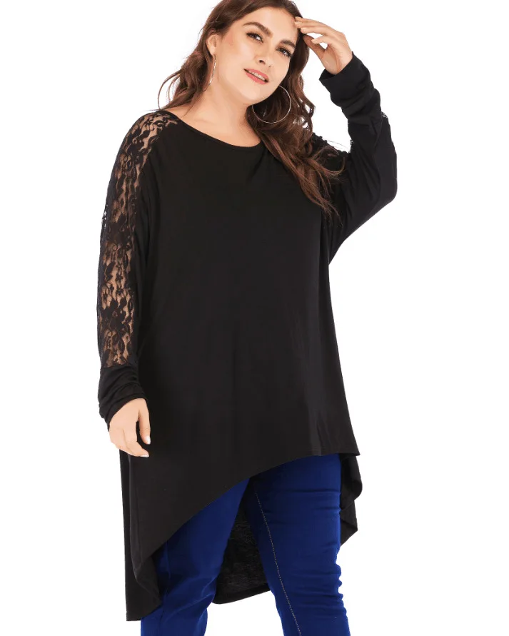 Женские блузки размера плюс с длинным рукавом, элегантная Кружевная блуза с вырезом, необычная Длинная блузка, черная, свободная, верх размера d, туника, женские топы