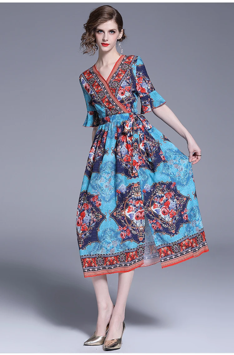 Шелковое платье с принтом винтажное v-образный вырез миди расклешенными рукавами