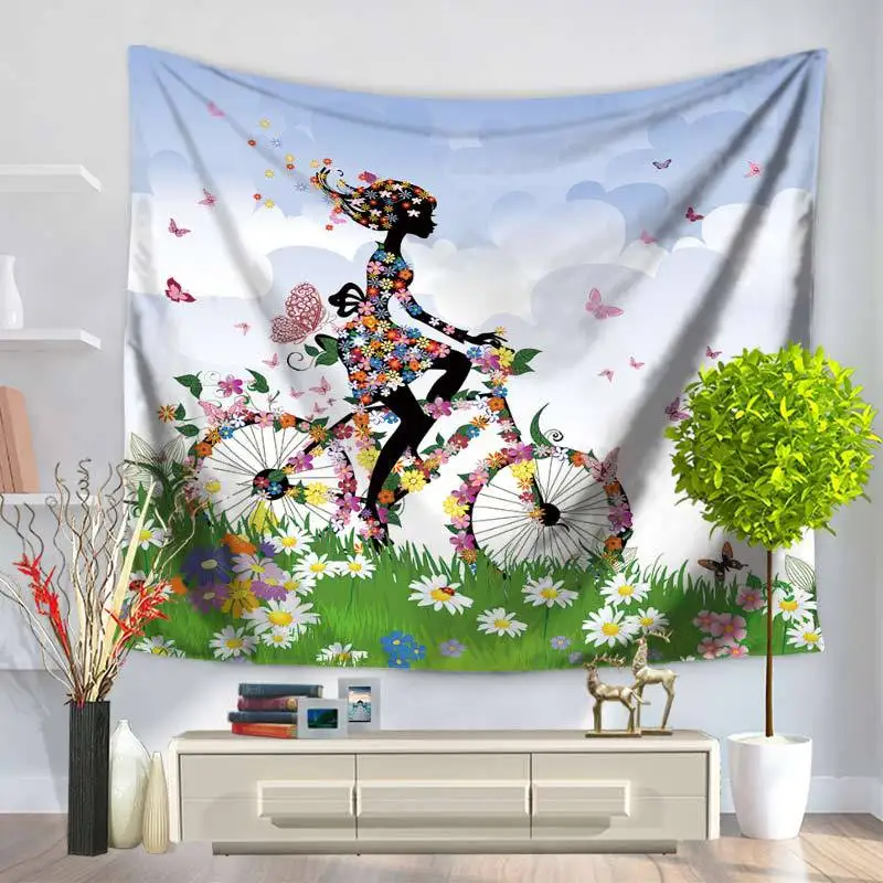 

Home Decorative Wall Hanging Carpet Tapestry Rectangle Bedspread Lovely Cartoon Girl Heart bicycle Butterfly Pattern GT1121