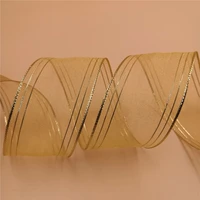 38mm x 25yards roll gold lurex edge organza ribbon for gift box wrapping wired edges n2148