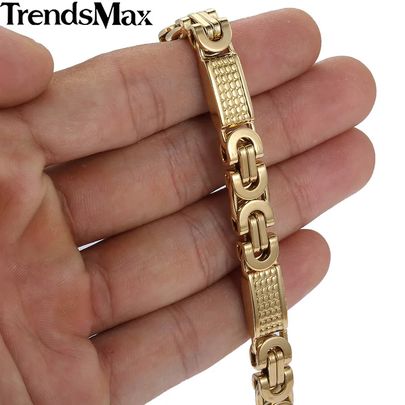 Trendsmax настроить любую длину 8 мм Золотой Цвет Плоский византийский звено из нержавеющей стали ожерелье мужской браслет-цепь KN275 KB403